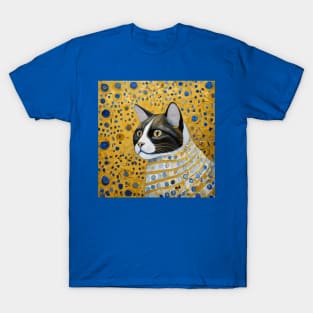 Gustav Klimt Style Tuxedo Cat with Blue and Gold Striped Coat T-Shirt